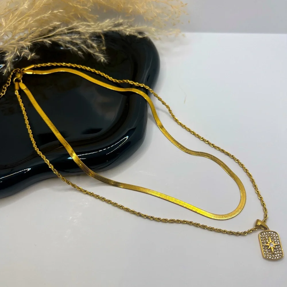 NEW 18K GOLD PLATED LUX SET “DIVINE ALIGNMENT” – HERRINGBONE + ROPE + CHARM